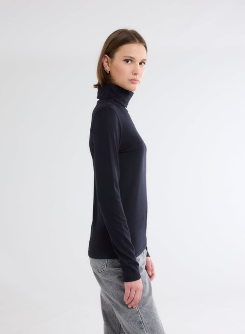 Navy T-shirt Round Neck Long Sleeves - MAJESTIC FILATURES