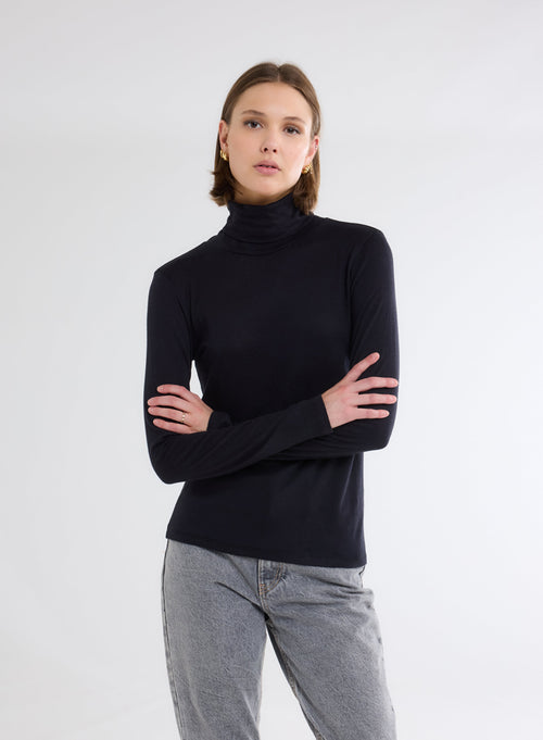 Navy T-shirt Round Neck Long Sleeves - MAJESTIC FILATURES