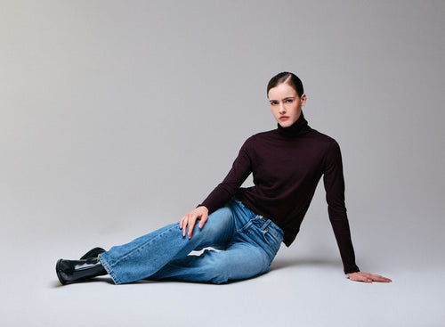 Purple Turtleneck Long Sleeves T-Shirt in Organic Cotton and Cashmere - MAJESTIC FILATURES