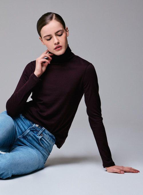 Purple Turtleneck Long Sleeves T-Shirt in Organic Cotton and Cashmere - MAJESTIC FILATURES