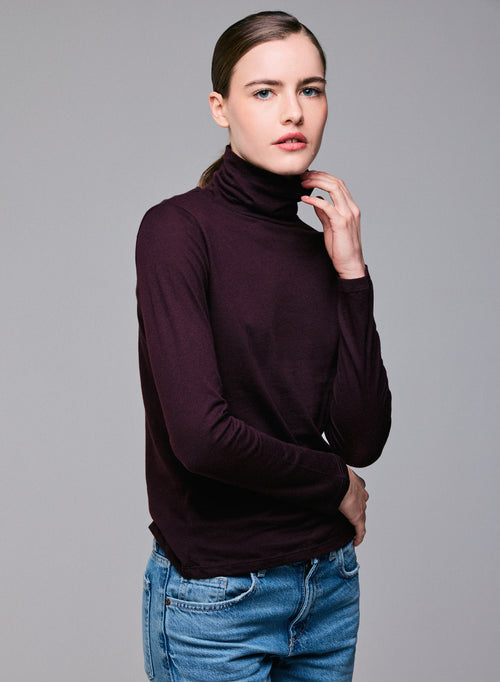 Purple Turtleneck Long Sleeves T-Shirt in Organic Cotton and Cashmere - MAJESTIC FILATURES