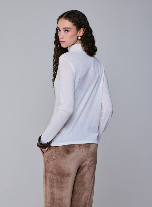 T-shirt Blanc Col Roulé Manches Longues en Coton Organique et Cachemire - MAJESTIC FILATURES