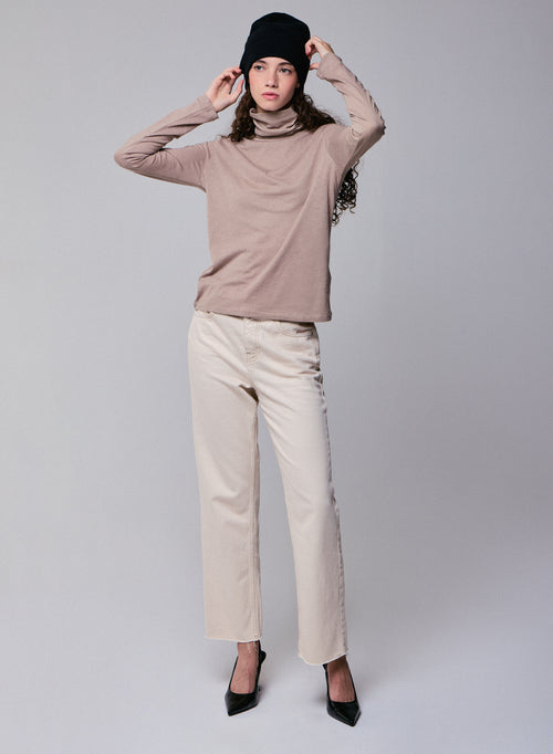 T-shirt Beige Col Roulé Manches Longues en Coton Organique et Cachemire - MAJESTIC FILATURES