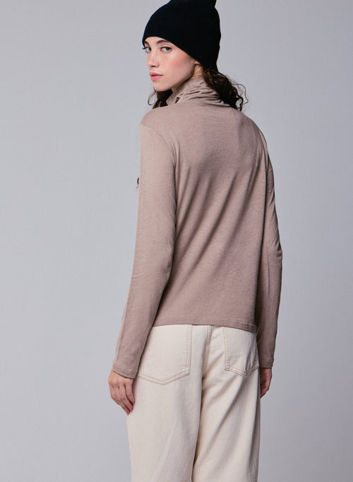 T-shirt Beige Col Roulé Manches Longues en Coton Organique et Cachemire - MAJESTIC FILATURES