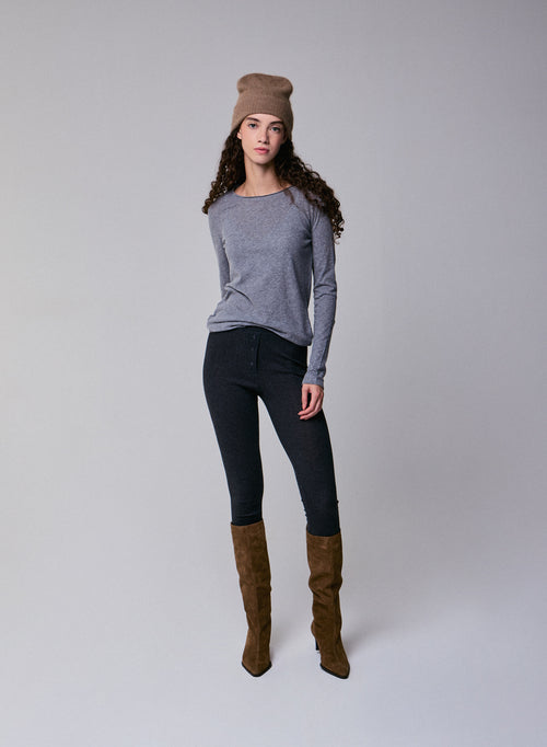 T-shirt Gris Col Rond Manches Longues en Coton et Cachemire - MAJESTIC FILATURES