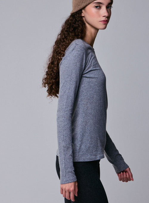 T-shirt Gris Col Rond Manches Longues en Coton et Cachemire - MAJESTIC FILATURES