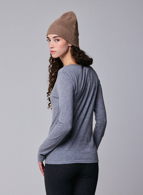 T-shirt Gris Col Rond Manches Longues en Coton et Cachemire - MAJESTIC FILATURES