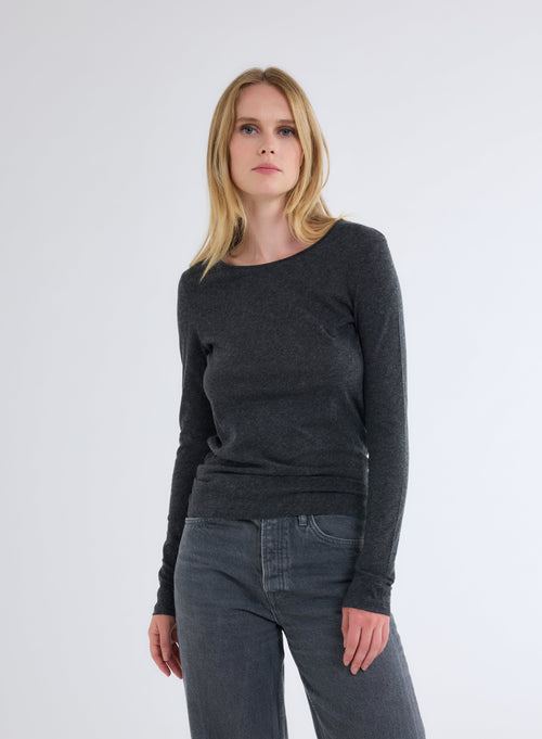 Carly T-shirt with a round neckline and a rolled finish, in cotton and cashmere-blend jersey<br> - MAJESTIC FILATURES