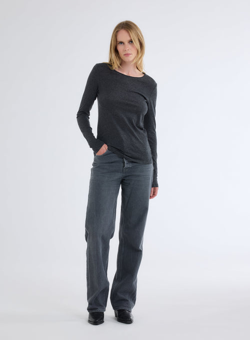 Carly T-shirt with a round neckline and a rolled finish, in cotton and cashmere-blend jersey<br> - MAJESTIC FILATURES