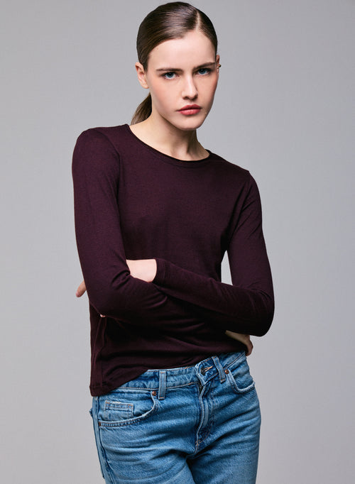Purple Round Neck Long Sleeves T-Shirt in Cotton and Cashmere - MAJESTIC FILATURES