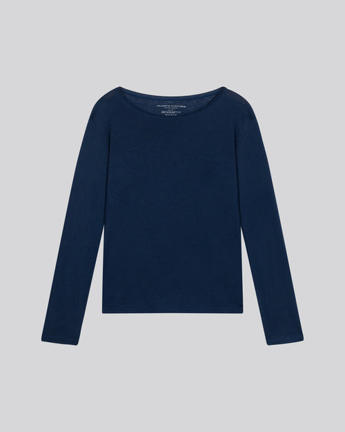 T-shirt Bleu Col Rond Manches Longues en Coton et Cachemire - MAJESTIC FILATURES