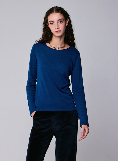 T-shirt Bleu Col Rond Manches Longues en Coton et Cachemire - MAJESTIC FILATURES