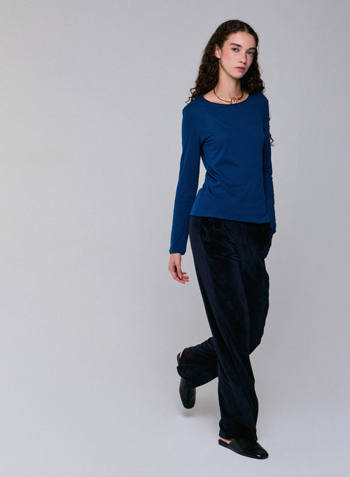 T-shirt Bleu Col Rond Manches Longues en Coton et Cachemire - MAJESTIC FILATURES