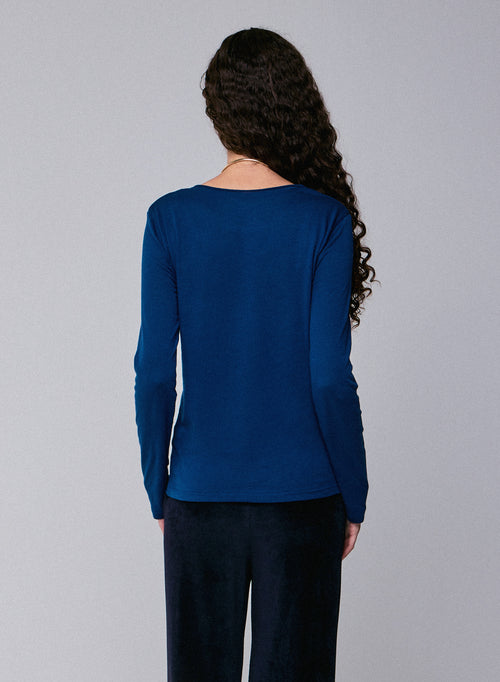 T-shirt Bleu Col Rond Manches Longues en Coton et Cachemire - MAJESTIC FILATURES