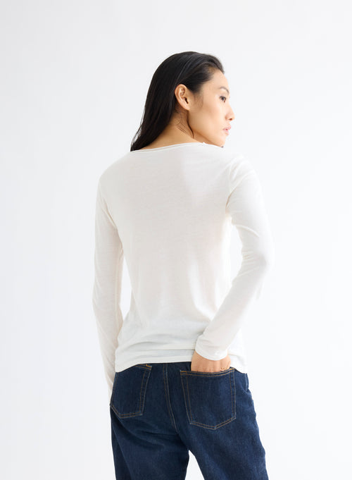 Milk White Round Neck Long Sleeve Cotton and Cashmere T-shirt - MAJESTIC FILATURES