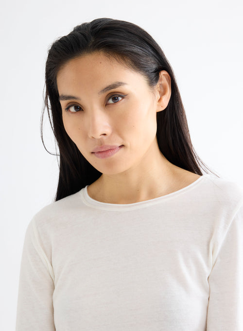 Milk White Round Neck Long Sleeve Cotton and Cashmere T-shirt - MAJESTIC FILATURES