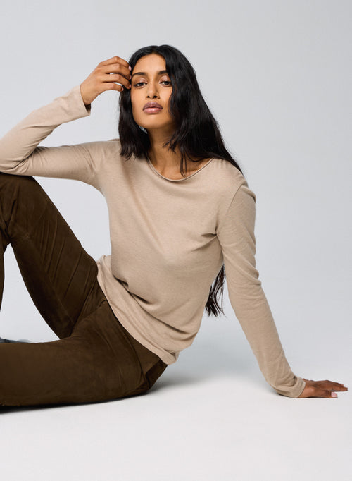 T-shirt Beige Col Rond Manches Longues en Coton Organique / Cachemire - MAJESTIC FILATURES