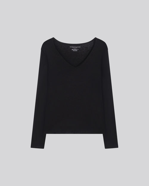 T-shirt Noir Col V Manches Longues en Coton et Cachemire - MAJESTIC FILATURES