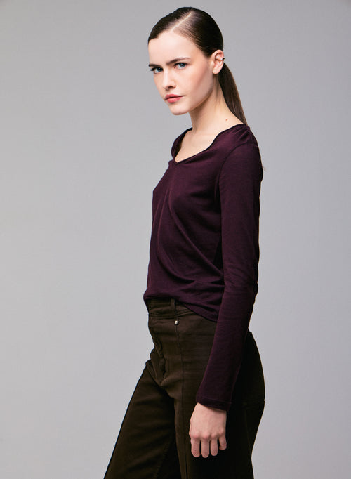 Lila Langarm-T-Shirt mit V-Ausschnitt aus Bio-Baumwolle / Kaschmir - MAJESTIC FILATURES