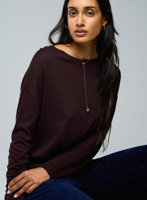Aubergine Langarm-T-Shirt mit U-Boot-Ausschnitt aus Baumwolle / Kaschmir - MAJESTIC FILATURES