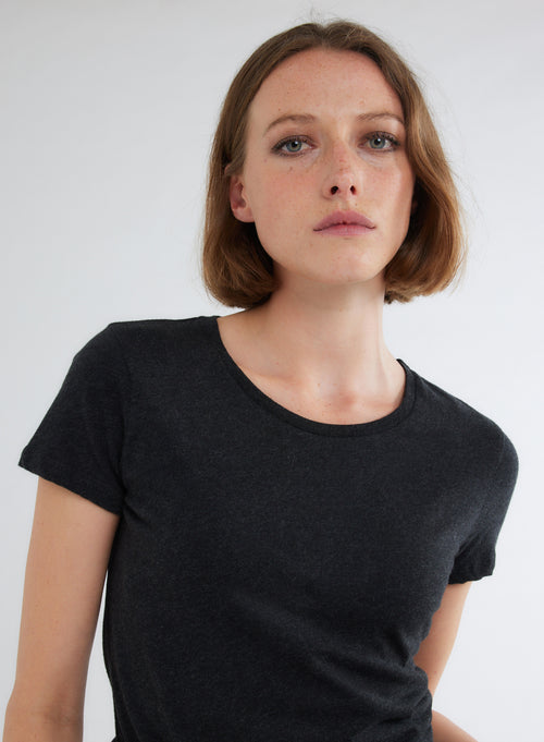 Jamie Heather Black T-Shirt Crew Neck Short Sleeves in Deluxe Cotton - MAJESTIC FILATURES