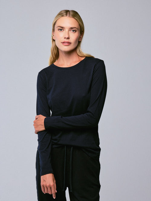 Marineblaues Kurzarm-T-Shirt mit Rundhalsausschnitt aus Bio-Baumwolle - MAJESTIC FILATURES