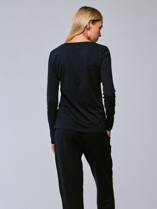 Marineblaues Kurzarm-T-Shirt mit Rundhalsausschnitt aus Bio-Baumwolle - MAJESTIC FILATURES