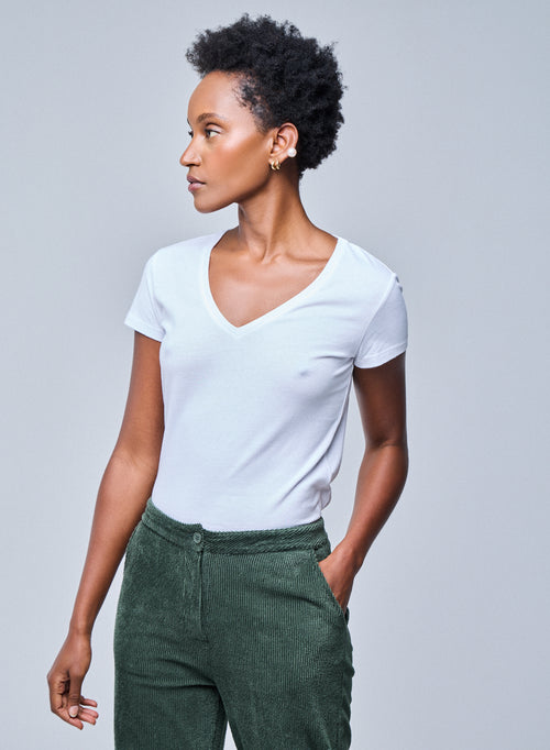 T-shirt Blanc Julia col V Manches Courtes en Coton Organique - MAJESTIC FILATURES