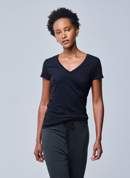 Julia T-Shirt V-Ausschnitt  kurze Ärmel aus Deluxe-Baumwolle - MAJESTIC FILATURES