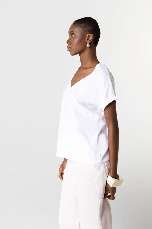 T-shirt Blanc Col V Manches Courtes en Coton Organique - MAJESTIC FILATURES