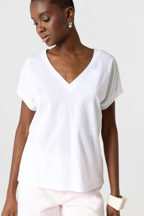 T-shirt Blanc Col V Manches Courtes en Coton Organique - MAJESTIC FILATURES