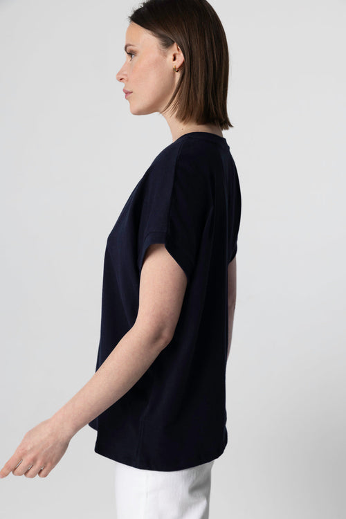 T-shirt Marine Col V Manches Courtes en Coton Organique - MAJESTIC FILATURES