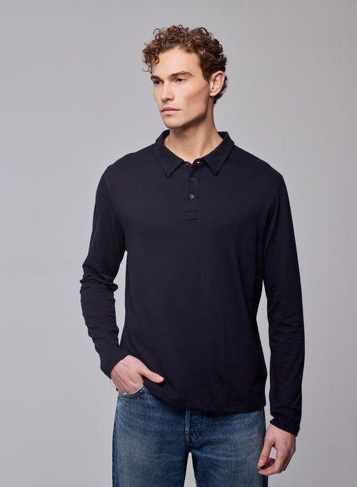 Polo azul marino Polo de manga larga en algodón orgánico - MAJESTIC FILATURES
