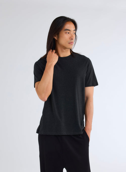 Julien Black Heather T-shirt Round Neck Short Sleeves in Deluxe Cotton - MAJESTIC FILATURES