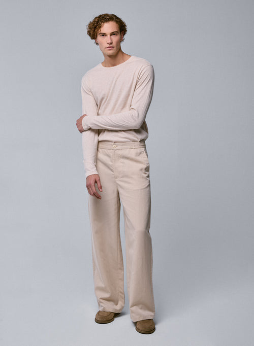 Beige Round Neck Long Sleeve T-Shirt in Organic Cotton - MAJESTIC FILATURES