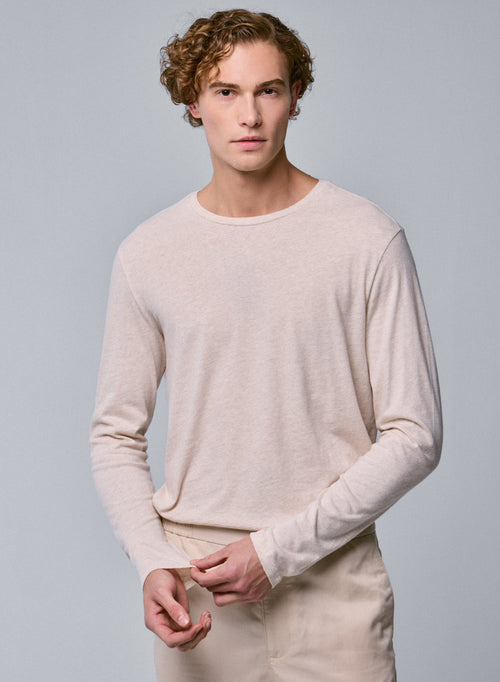 Beige Round Neck Long Sleeve T-Shirt in Organic Cotton - MAJESTIC FILATURES