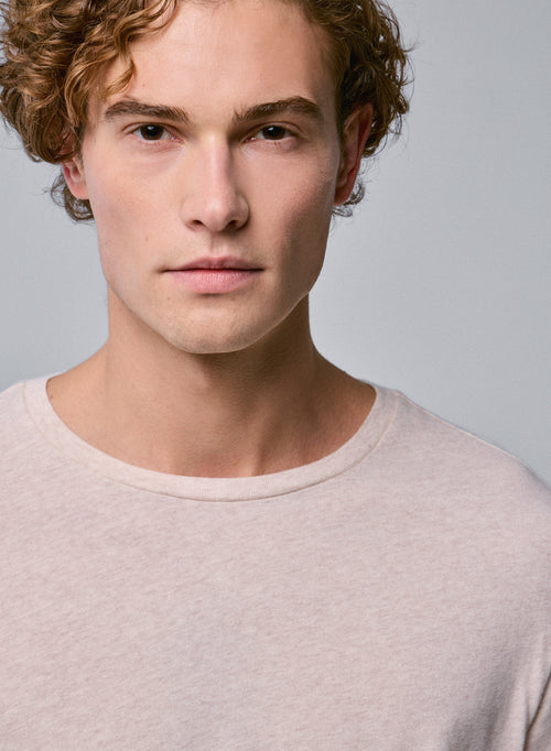 Beige Round Neck Long Sleeve T-Shirt in Organic Cotton - MAJESTIC FILATURES
