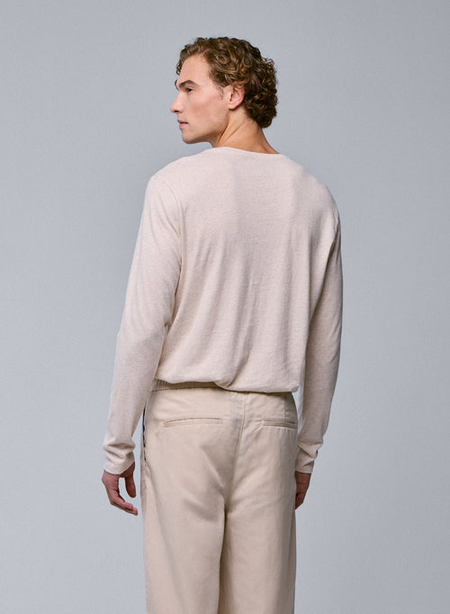 Beige Round Neck Long Sleeve T-Shirt in Organic Cotton - MAJESTIC FILATURES