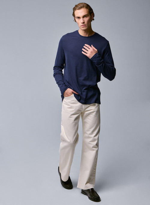 T-shirt Bleu Col Rond Manches Longues en Coton organique - MAJESTIC FILATURES