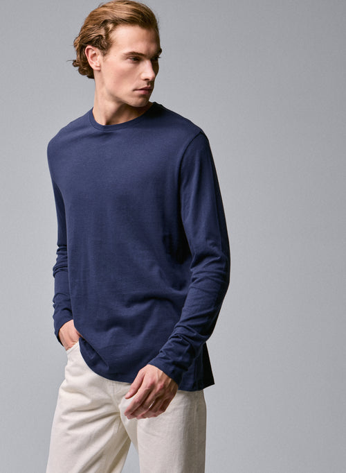 T-shirt Bleu Col Rond Manches Longues en Coton organique - MAJESTIC FILATURES