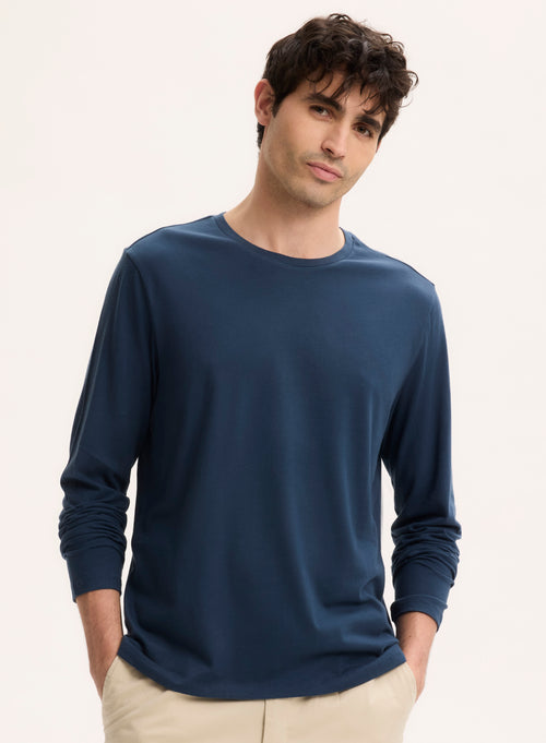 Tee shirt Bleu Col Rond Manches Longues - MAJESTIC FILATURES