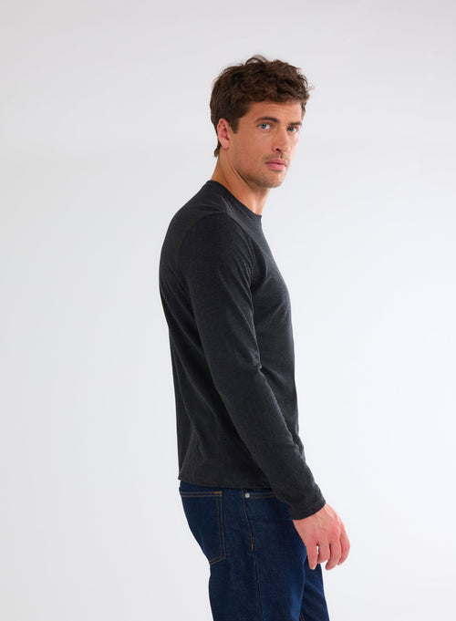 Black Heather James T-shirt Round Neck Long Sleeves in Deluxe Cotton - MAJESTIC FILATURES