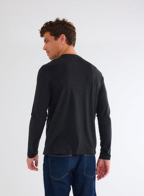 Black Heather James T-shirt Round Neck Long Sleeves in Deluxe Cotton - MAJESTIC FILATURES