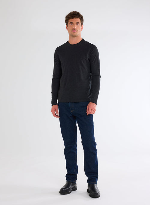 Black Heather James T-shirt Round Neck Long Sleeves in Deluxe Cotton - MAJESTIC FILATURES