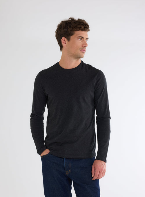 Black Heather James T-shirt Round Neck Long Sleeves in Deluxe Cotton - MAJESTIC FILATURES