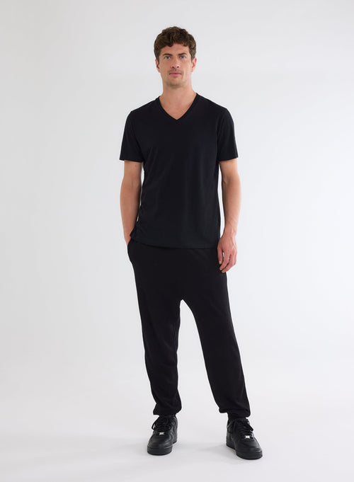 Black V-Neck Short Sleeve T-Shirt in Deluxe Cotton - MAJESTIC FILATURES