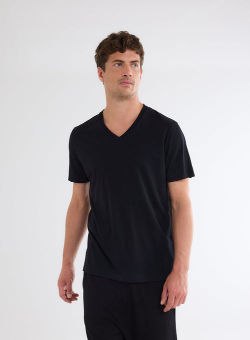 Black V-Neck Short Sleeve T-Shirt in Deluxe Cotton - MAJESTIC FILATURES