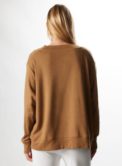 Sweaters Camel Col V Manches Longues en Coton et Cachemire - MAJESTIC FILATURES