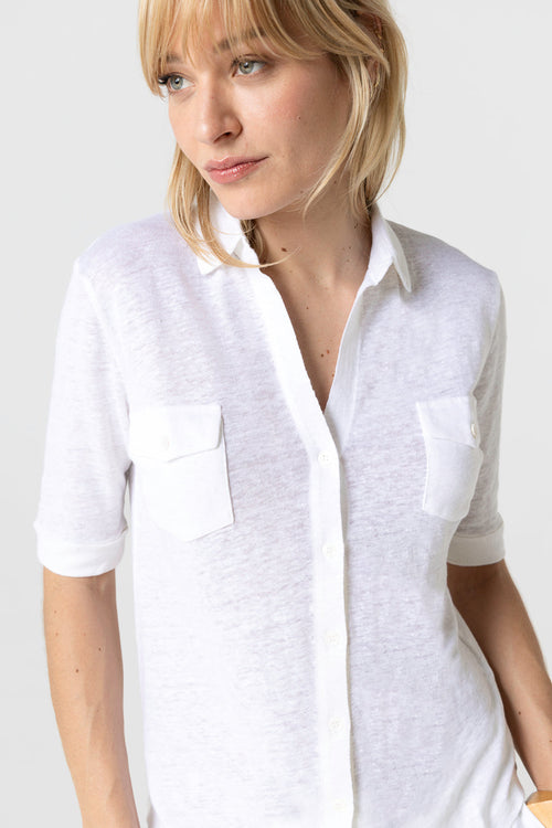 Chemise Blanche Manches Coudes en Lin / Elasthanne - MAJESTIC FILATURES