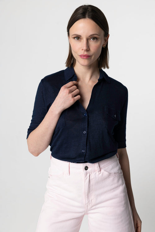 Camisa azul marino con mangas codos de lino/elastano - MAJESTIC FILATURES